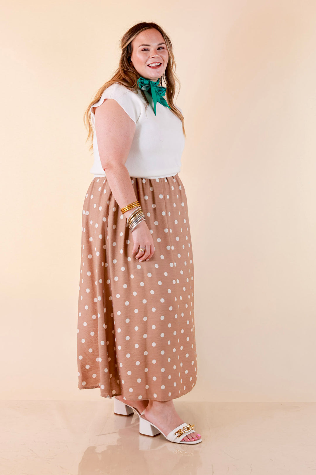 Two Ways to Charm Polka Dot Spaghetti Strap Dress Set with Detachable Ivory Top in Taupe