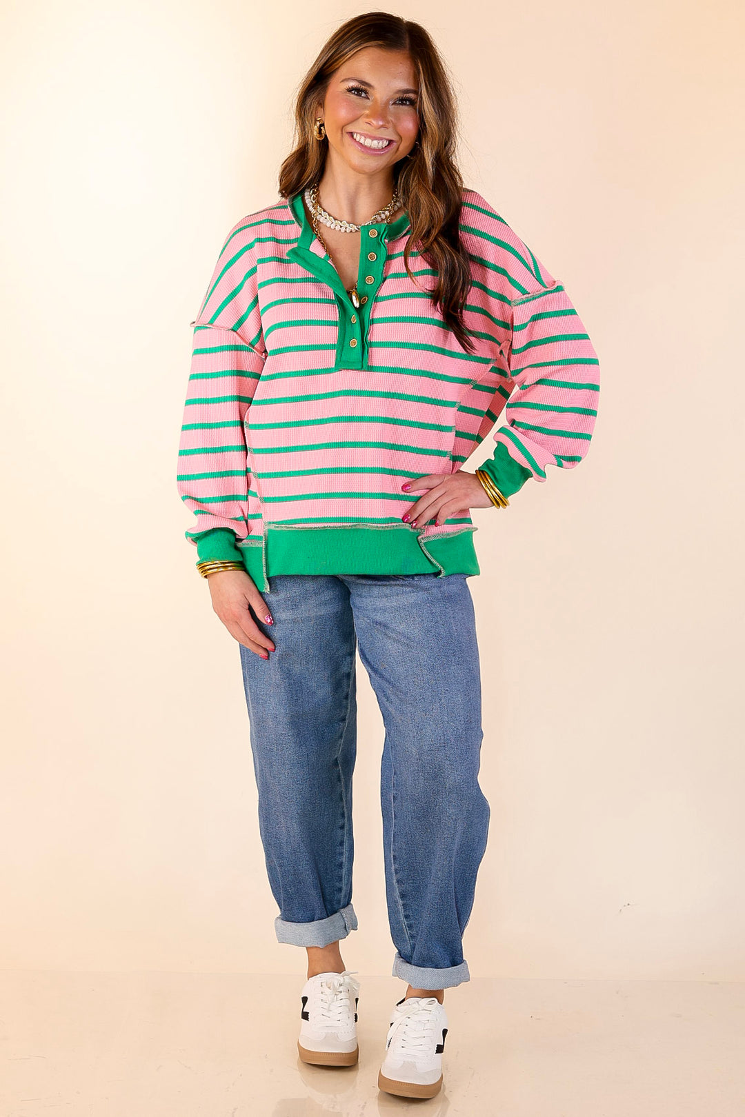Casual Edge Long Sleeve Striped Henley Knit Top with Dropped Shoulders in Pink with Green Stripes