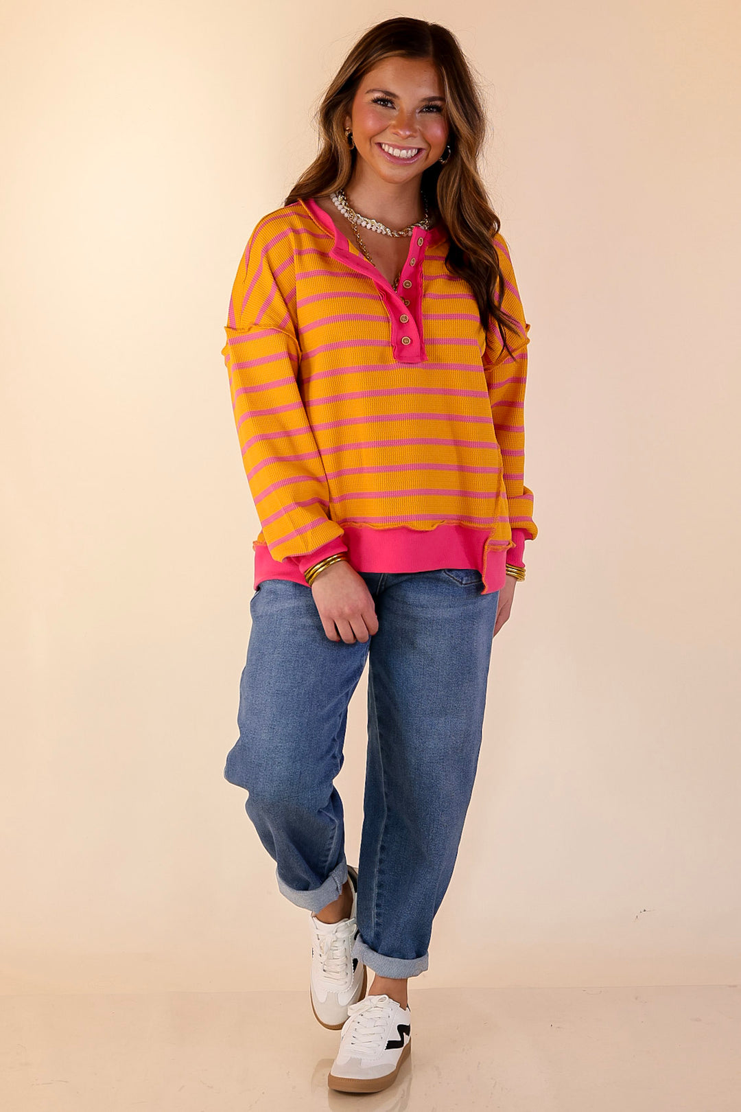 Casual Edge Long Sleeve Striped Henley Knit Top with Dropped Shoulders in Orange with Pink Stripes