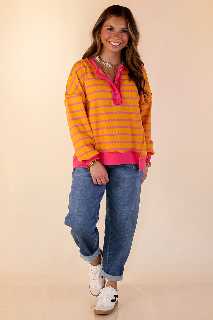 Casual Edge Long Sleeve Striped Henley Knit Top with Dropped Shoulders in Orange with Pink Stripes