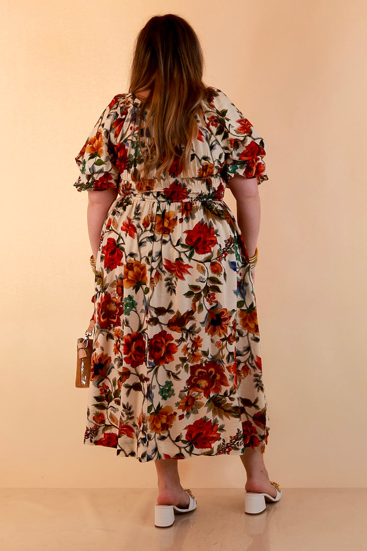 Autumn in the Air Puff Sleeve Smocked Waist Floral Print Tiered Midi Dress in Ivory Multi