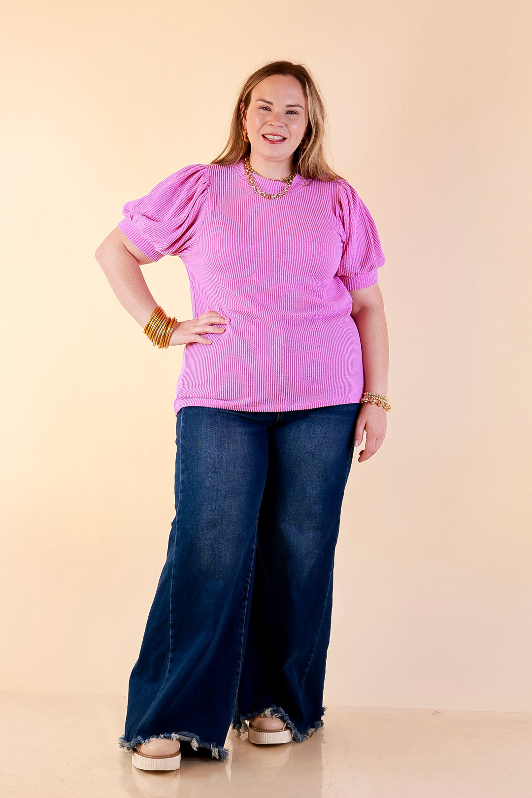 Sweet Sophistication Puff Short Sleeve Ribbed Top with Scoop Neck in Violet Purple