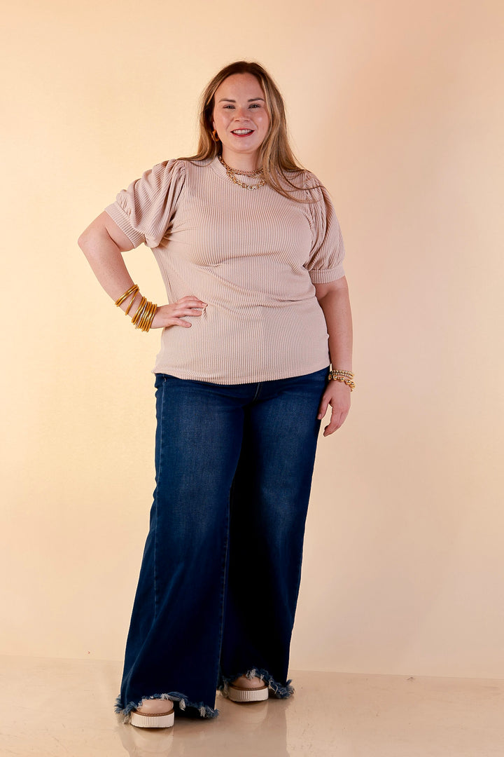 Sweet Sophistication Puff Short Sleeve Ribbed Top with Scoop Neck in Beige