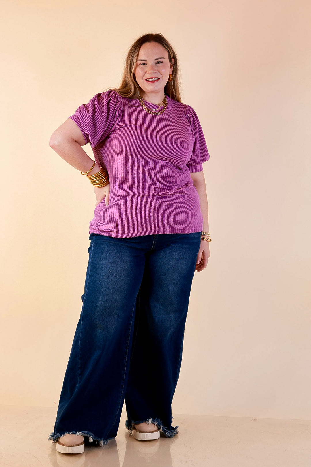 Sweet Sophistication Puff Short Sleeve Ribbed Top with Scoop Neck in Purple