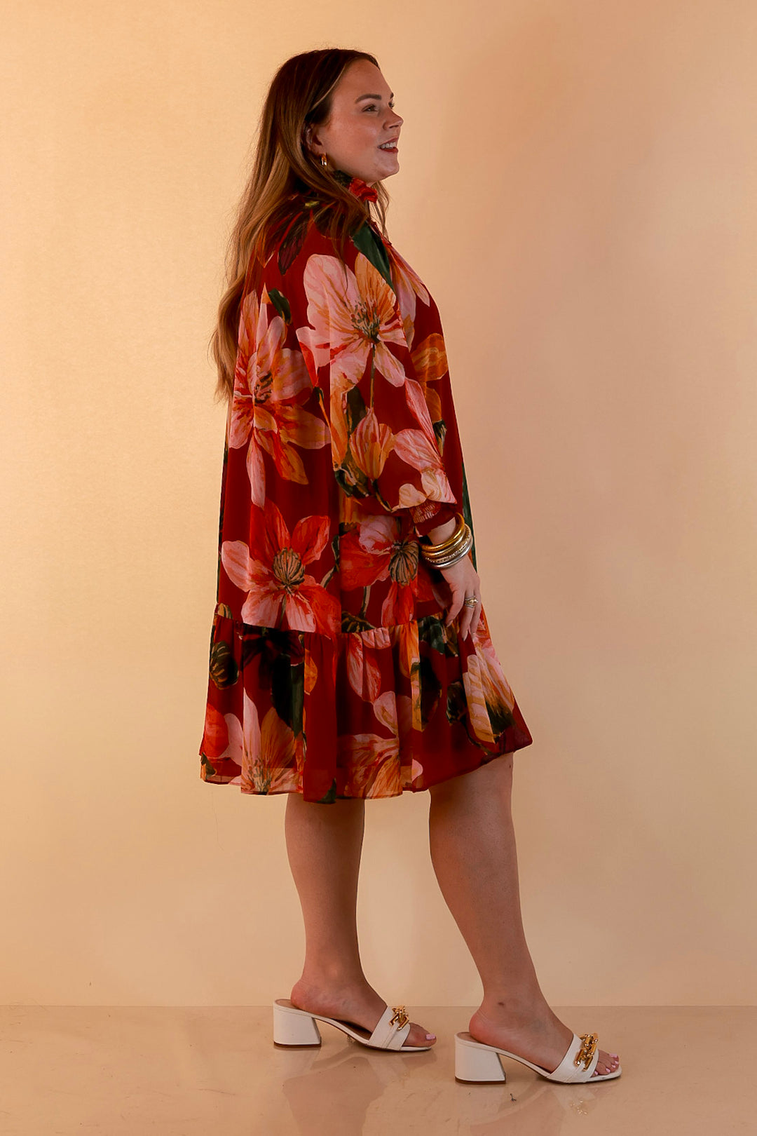 Autumn Romance Ruffle Neck Long Sleeve Floral Peplum Dress in Rust Red Multi