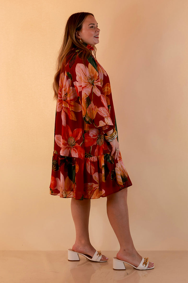 Autumn Romance Ruffle Neck Long Sleeve Floral Peplum Dress in Rust Red Multi