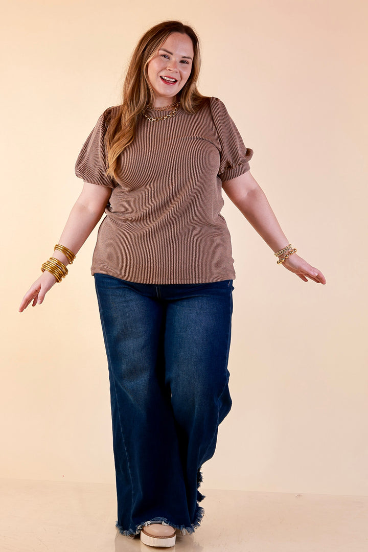 Sweet Sophistication Puff Short Sleeve Ribbed Top with Scoop Neck in Mocha Brown