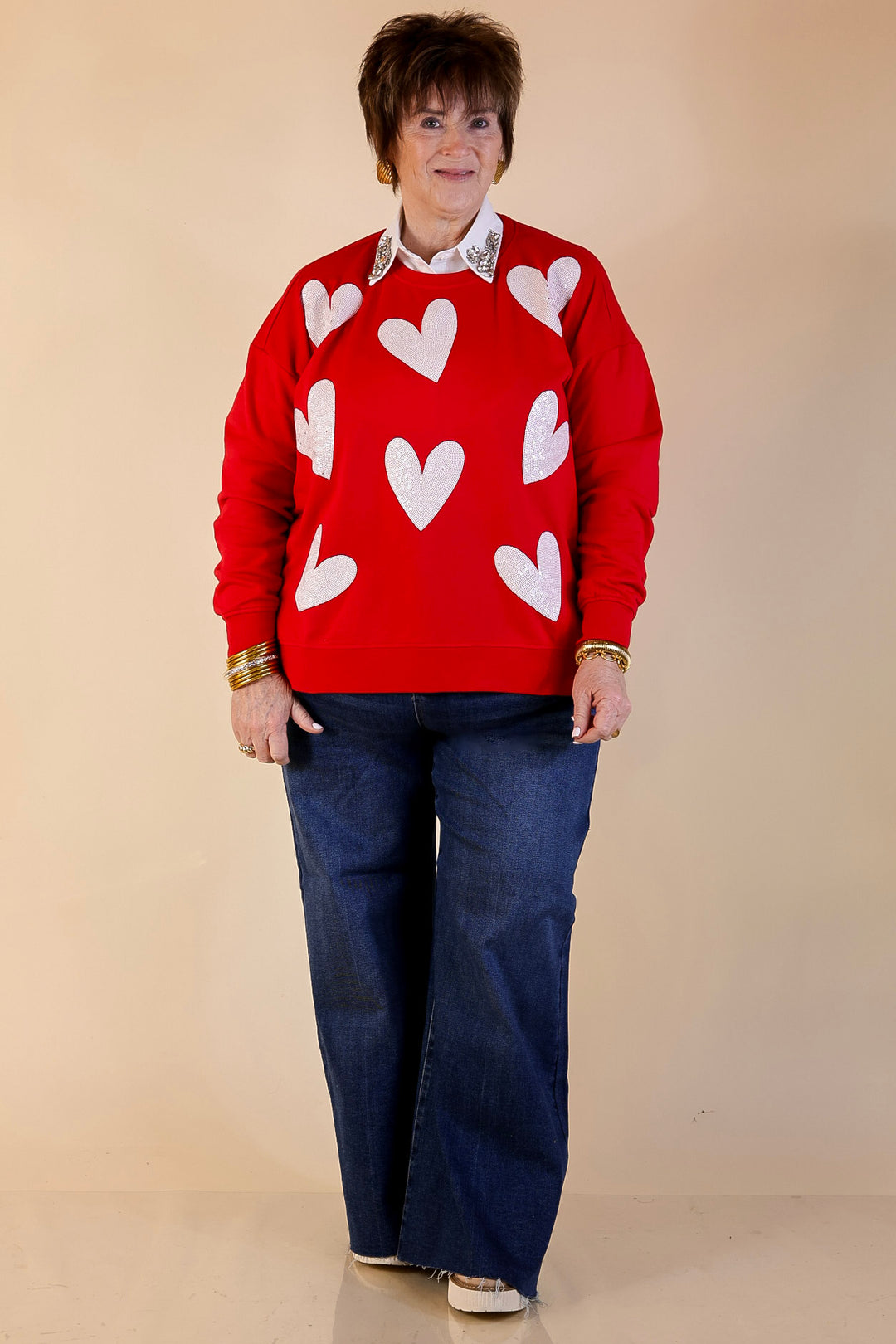 Mud Pie | Heart on My Sleeve Oversized Sequin Hearts Graphic Sweatshirt in Red
