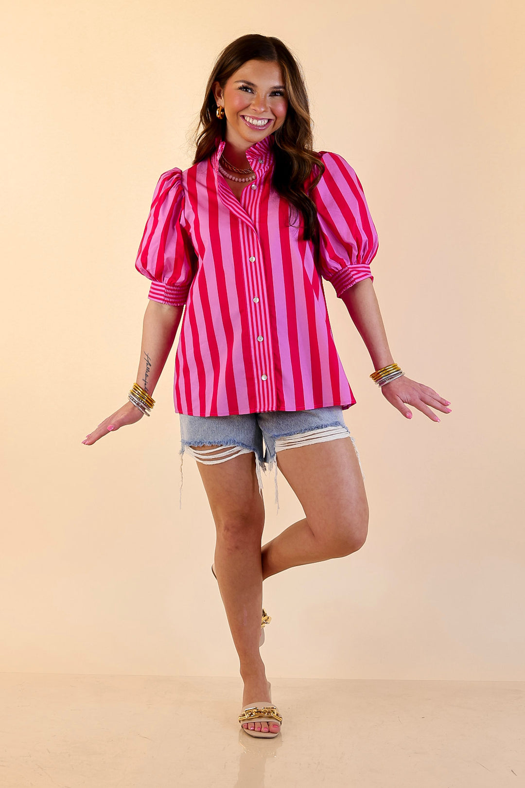 Bold Bliss Button Front Stripe Top with Puff Sleeves and Ruffle Collar in Pink and Red