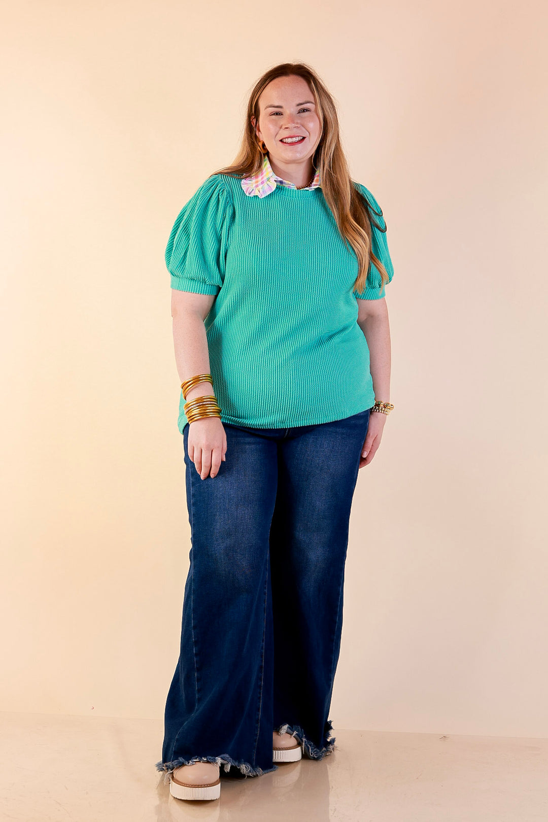 Sweet Sophistication Puff Short Sleeve Ribbed Top with Scoop Neck in Turquoise Blue