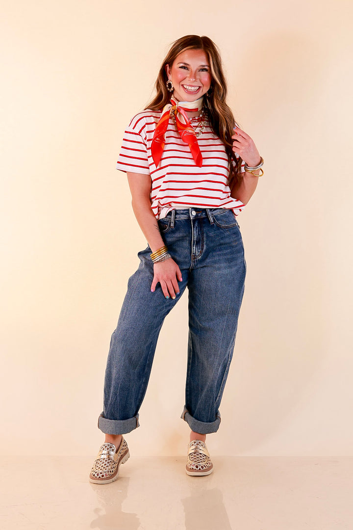 The Daily Stripe Scoop Neck Short Sleeve Striped Tee Top in Red