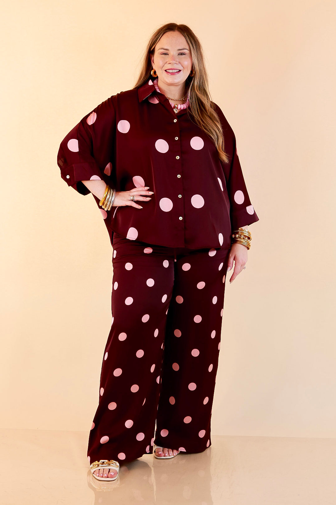 Two of a Kind Full Length Wide Leg Pull-On Drawstring Blush Pink Polka Dot Pants in Maroon
