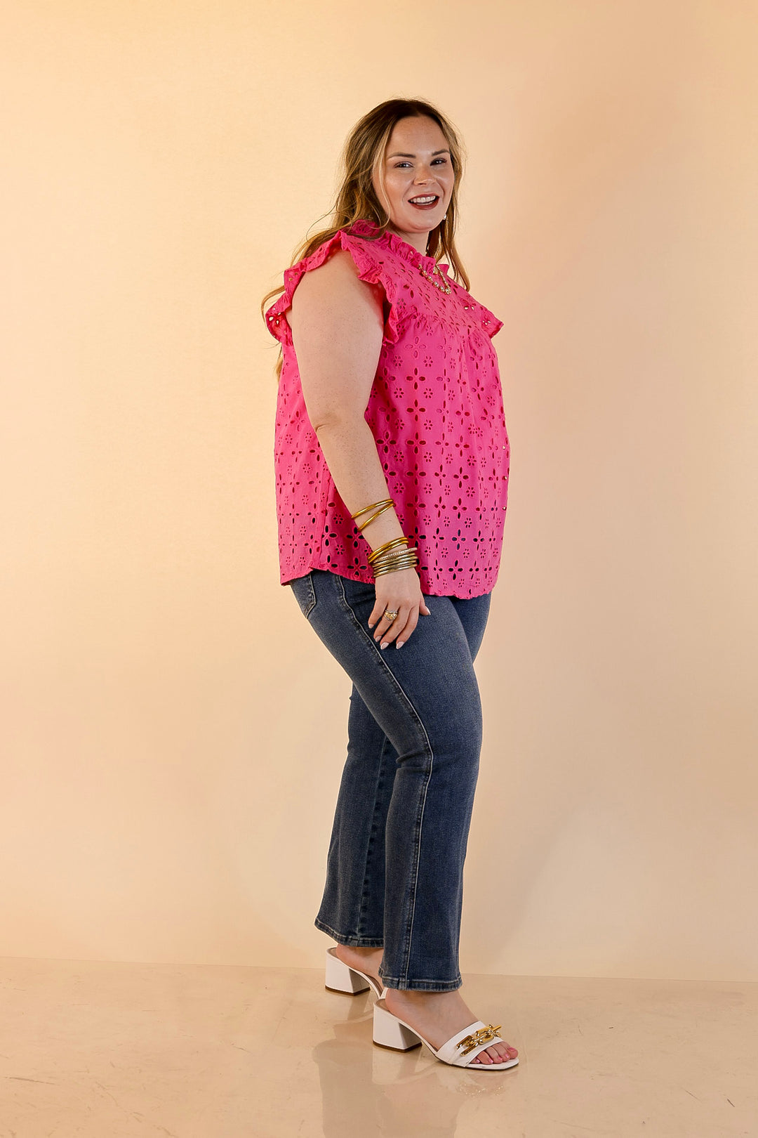 Mud Pie | Bloom with Joy Eyelet Ruffle Sleeve Top with Mock Neckline in Bright Pink