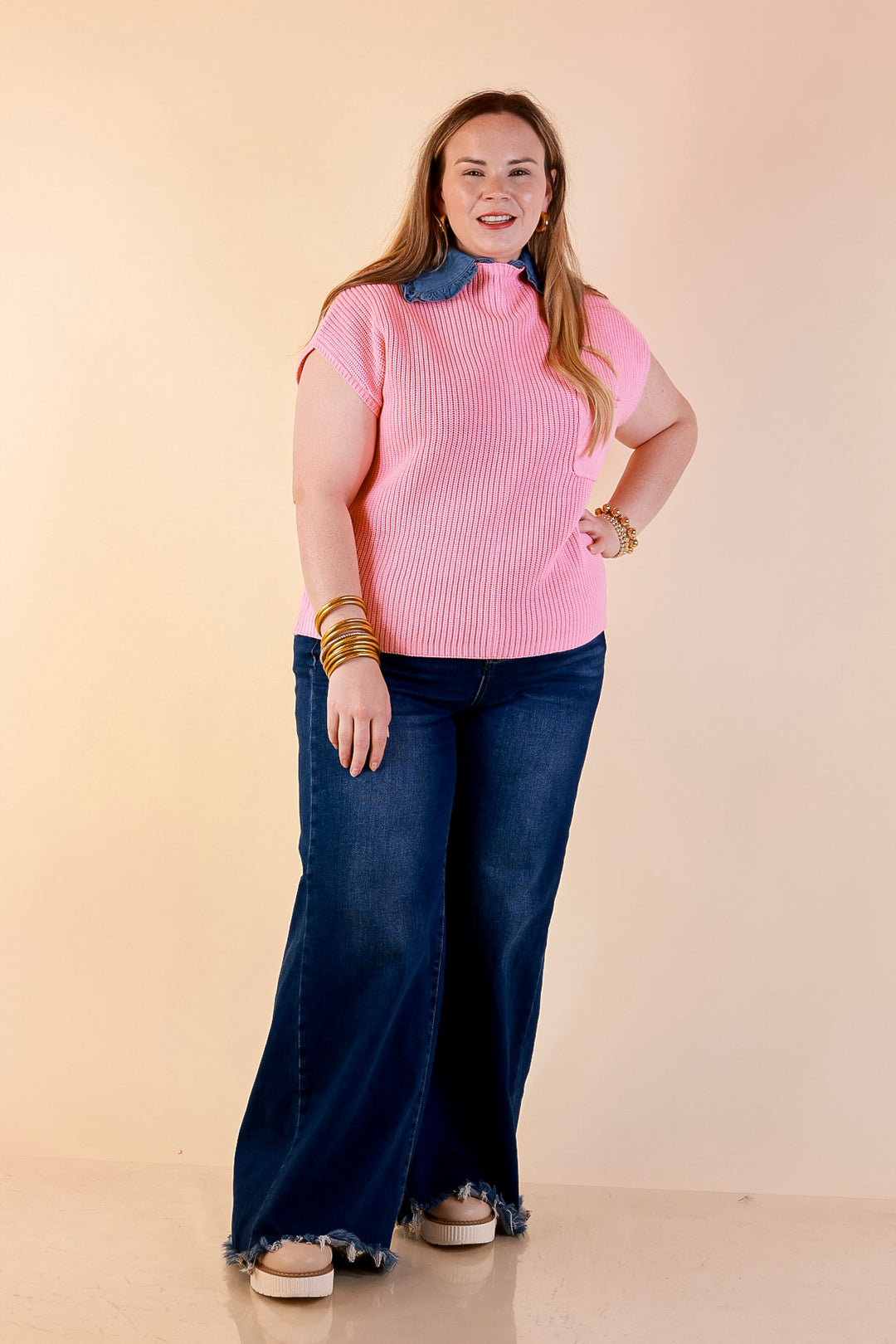 Repeat Ready Cap Sleeve Sweater with Front Pocket in Pink
