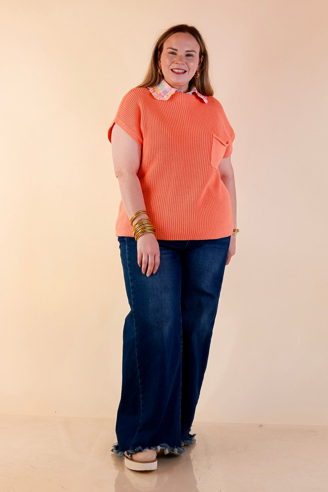 Repeat Ready Cap Sleeve Sweater with Front Pocket in Coral Orange