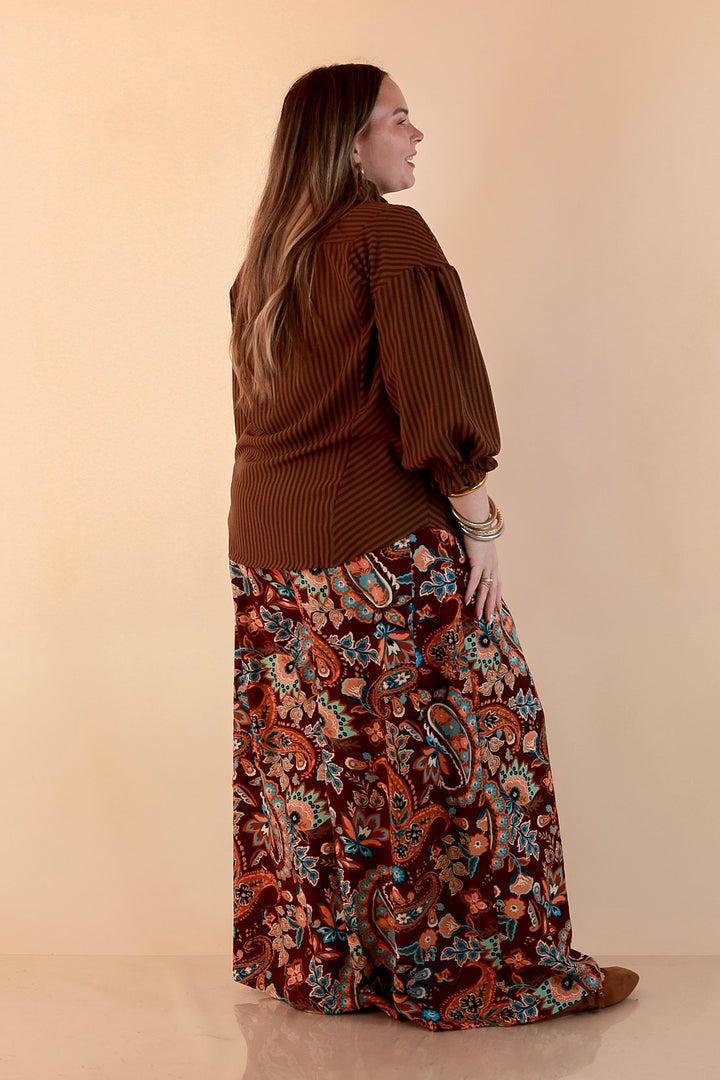 A Fine Line Smocked Ruffle Neck Long Sleeve Striped Button Front Blouse in Chocolate Brown