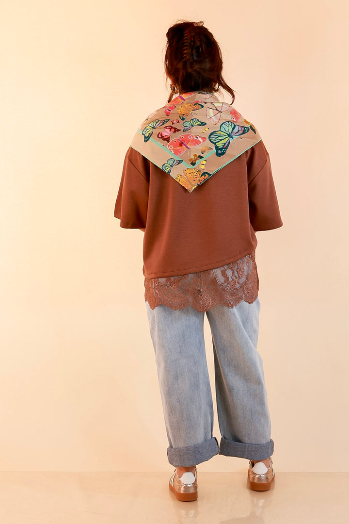 Laced with Charm Oversized Asymmetrical Lace Trim Boxy Top in Coco Brown