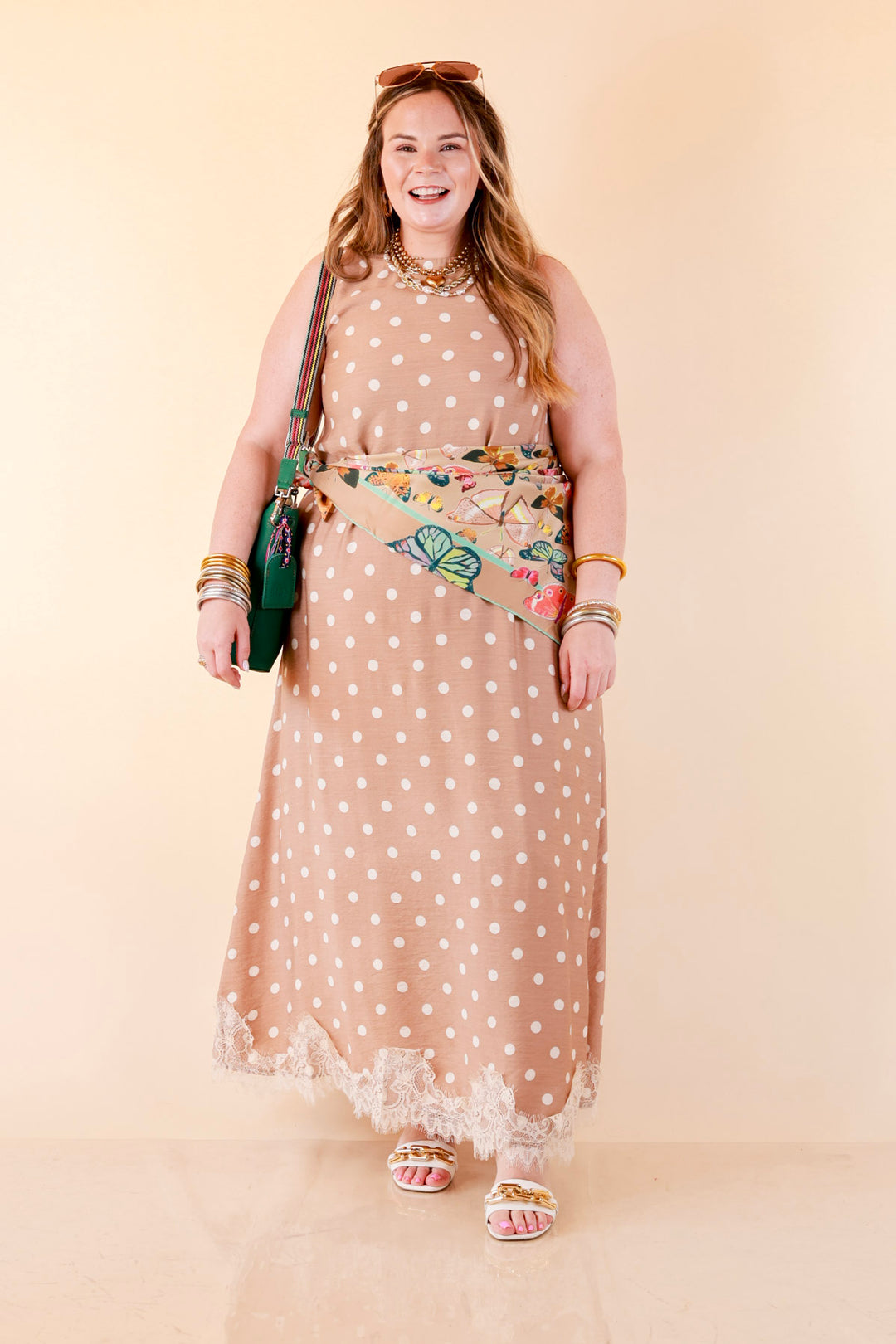 Sweet Little Something Polka Dot Sleeveless Maxi Dress with Lace Trim in Tan