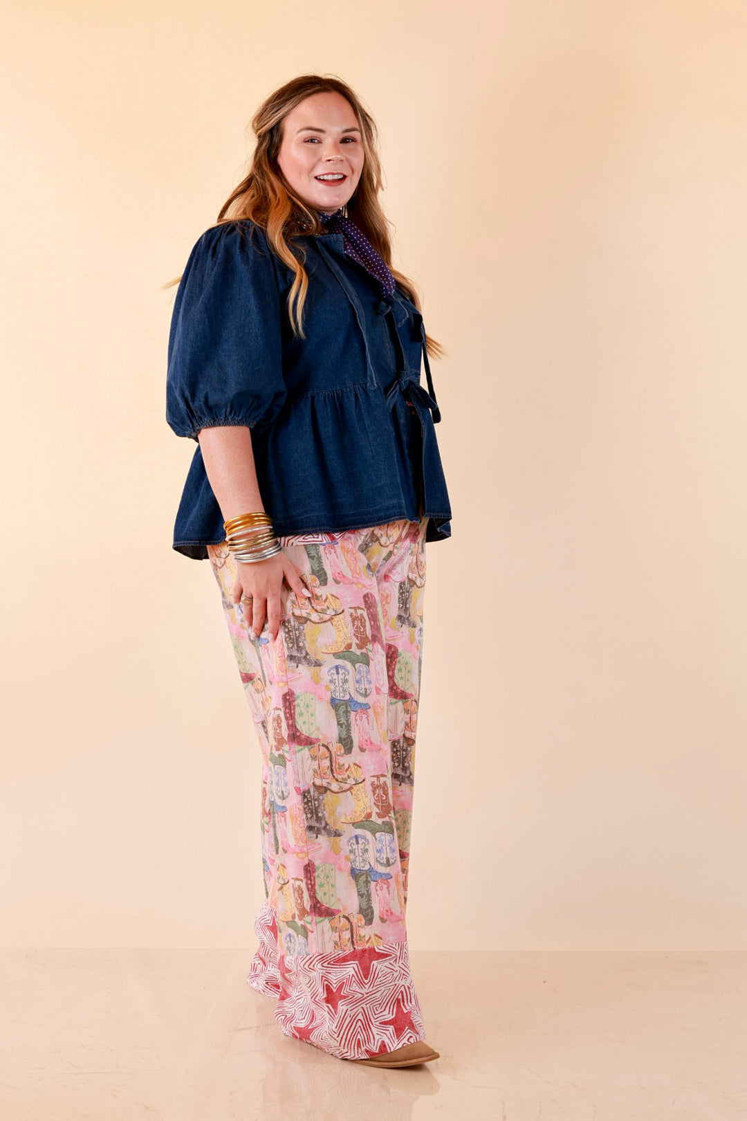 Pairs Well with Others Boots and Stars Mixed Print Drawstring Pants with Elastic Waistband in Red Mix