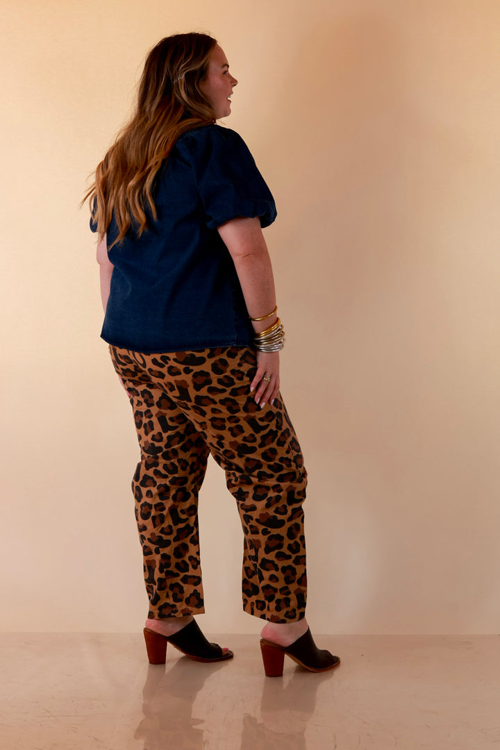 Modern Drama Leopard Print Wide Leg Barrel Jeans with Elastic Drawstring Waist in Camel Brown