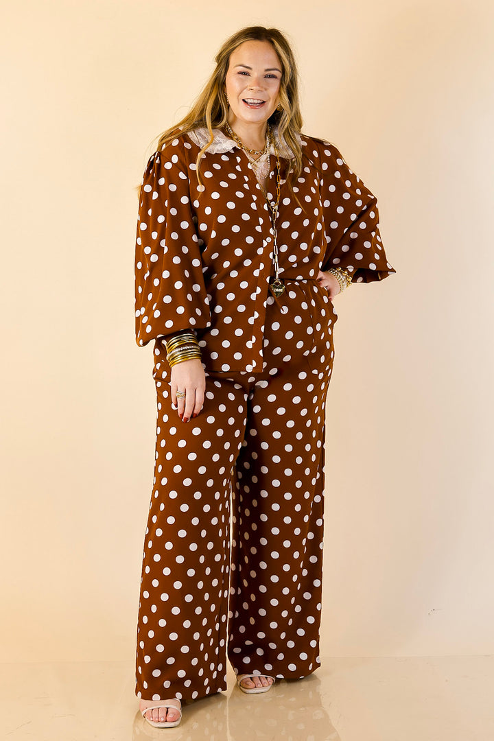 Better Together Polka Dot Button Up Collared Top with Poofy Sleeves in Brown