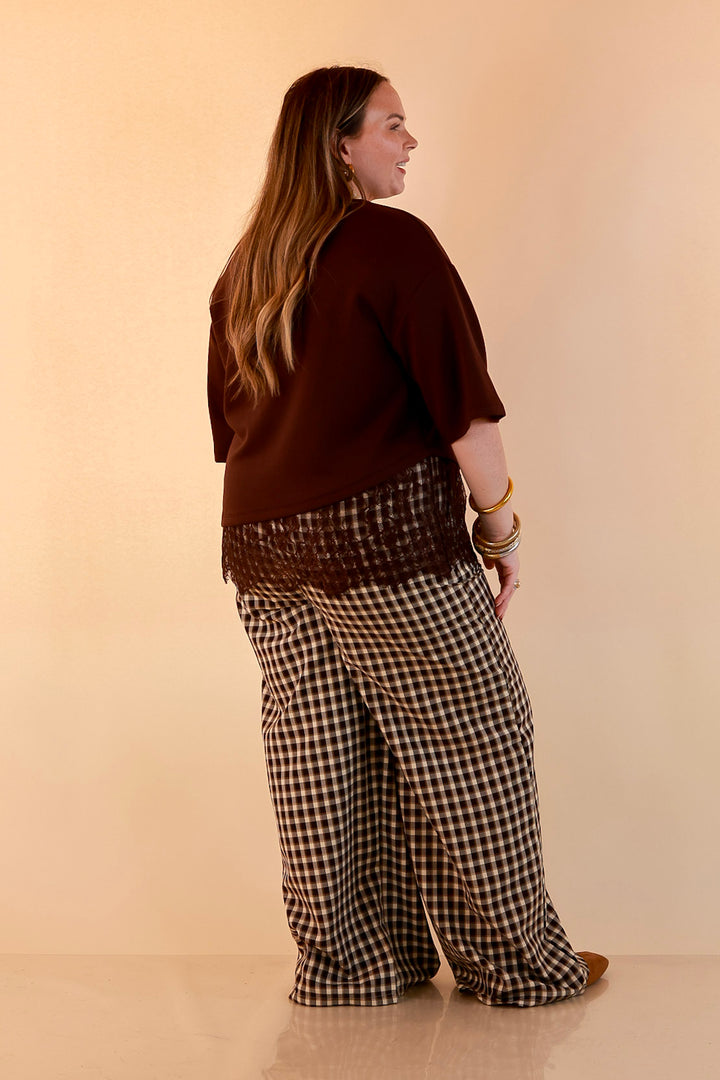 Laced with Charm Oversized Asymmetrical Lace Trim Boxy Top in Chocolate Brown