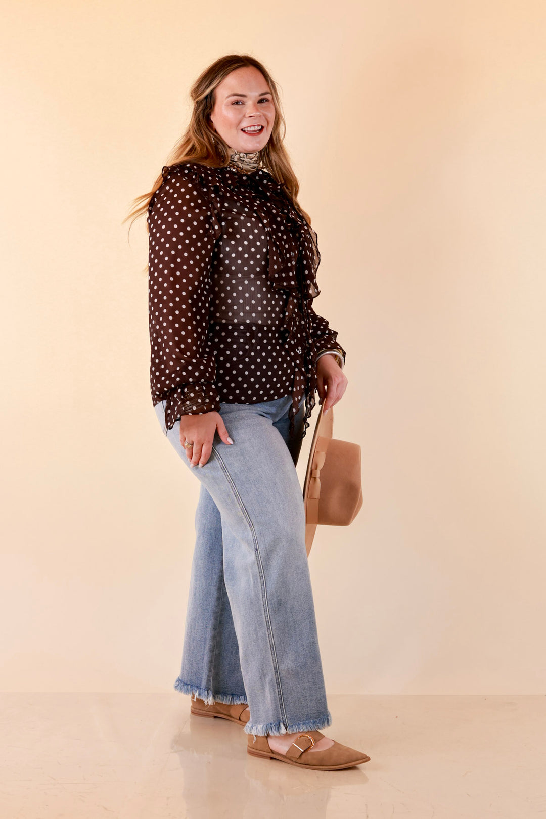 Finer Things Long Sleeve Sheer Ruffle Polka Dot Print Blouse with Balloon Sleeves in Chocolate Brown with White Dots