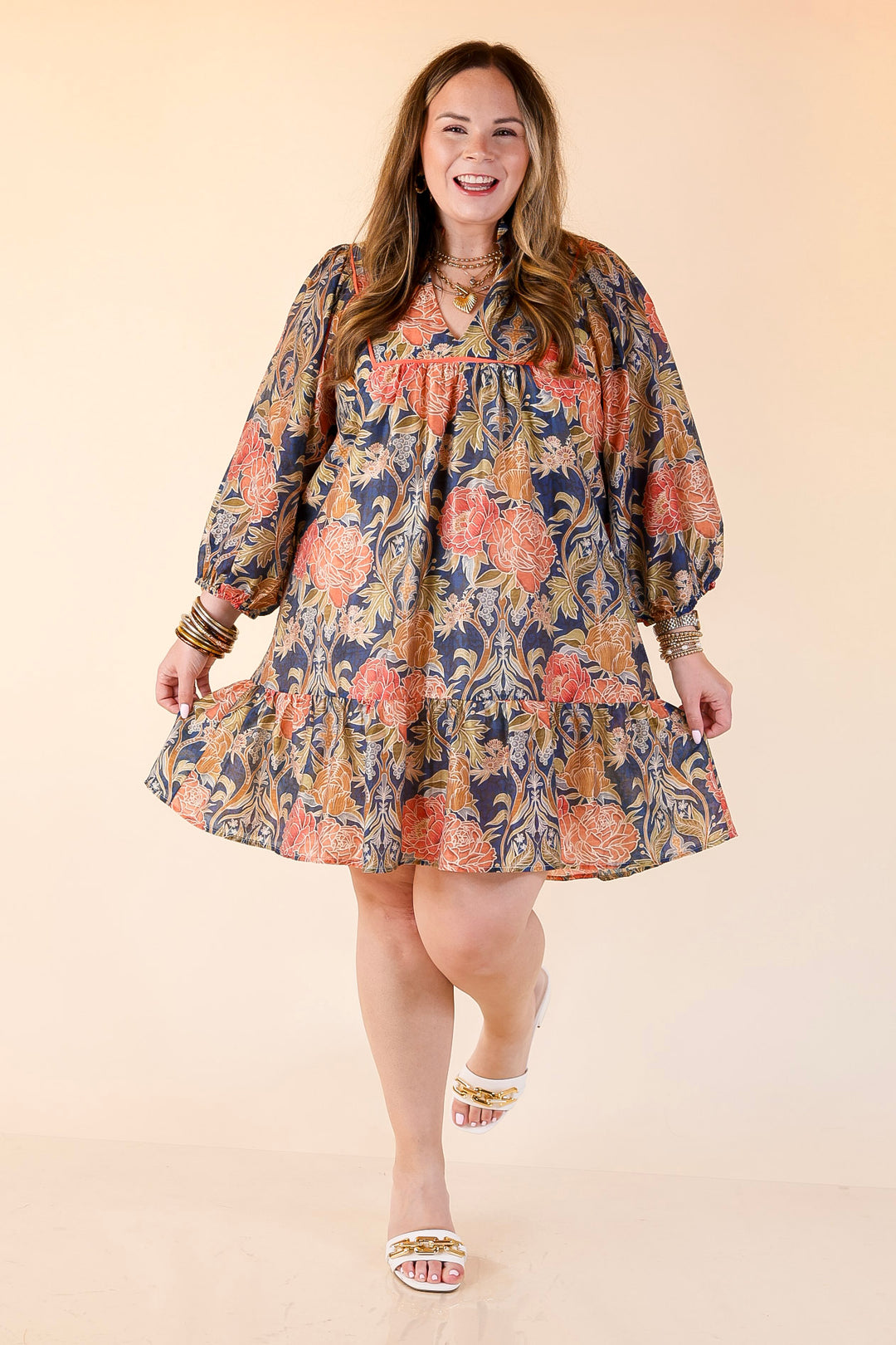 Blooming Days Ahead Floral Print V Neck Dress with Ruffle Trim Collar in Navy Mix