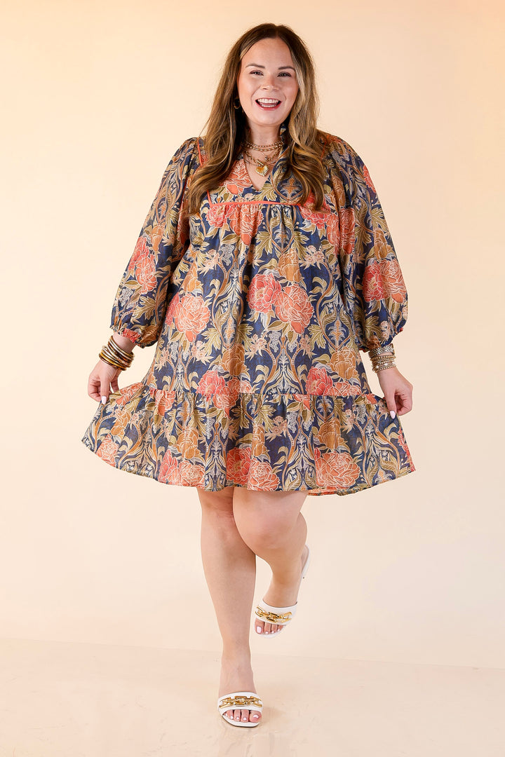 Blooming Days Ahead Floral Print V Neck Dress with Ruffle Trim Collar in Navy Mix