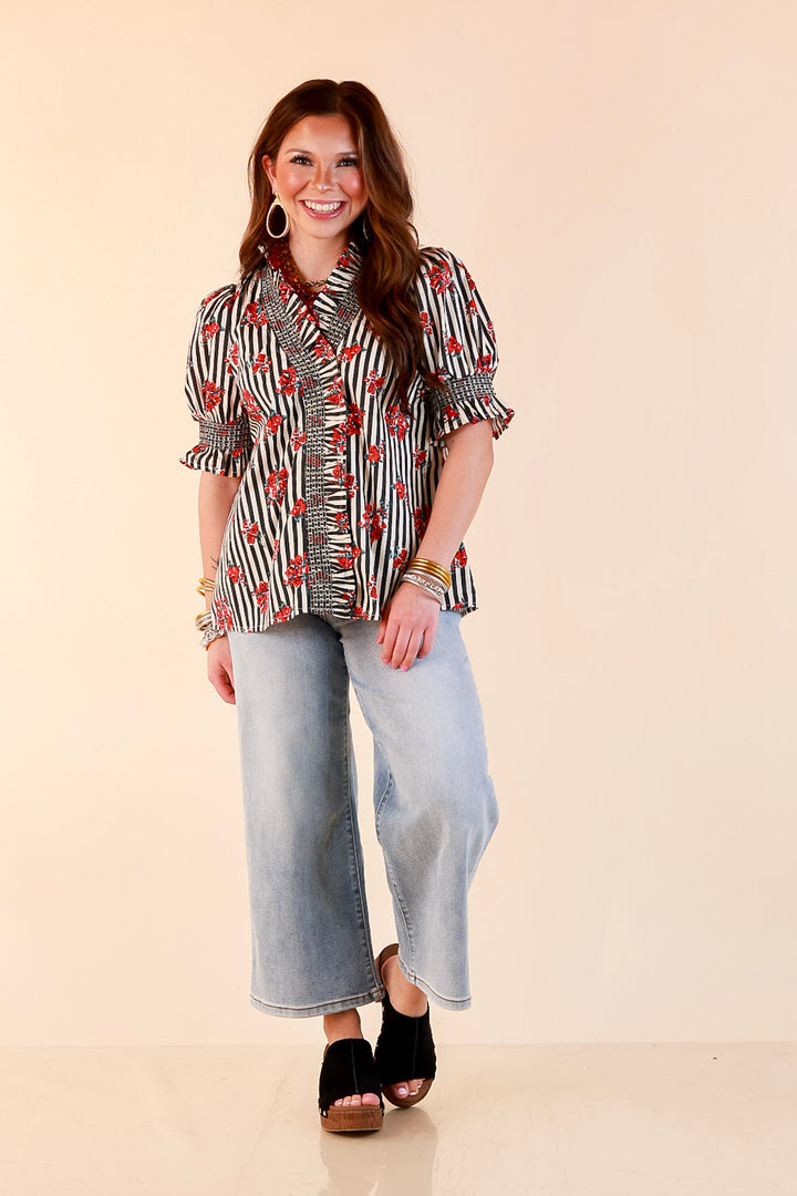 In Fine Form Striped Floral Ruffle Detail Puff Sleeve Top in Black &amp; Ivory