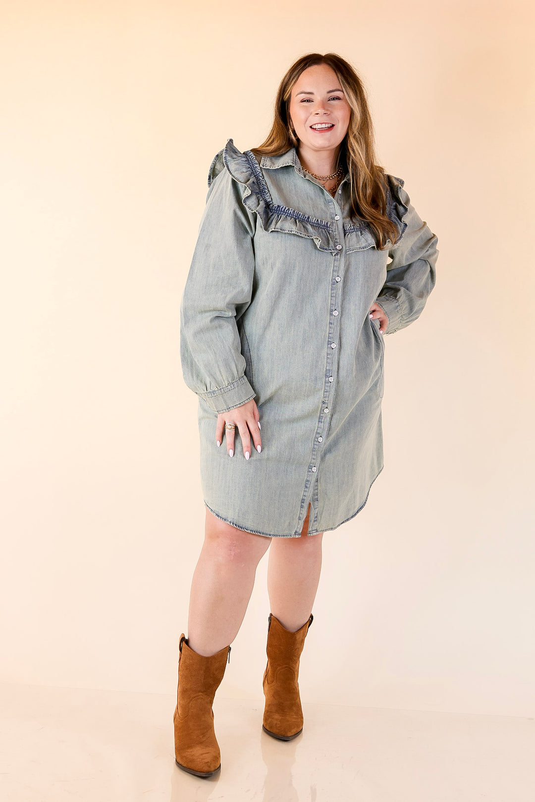 Blue Jean Beauty Denim Dress with Pockets and Ruffle Trim in Medium Wash