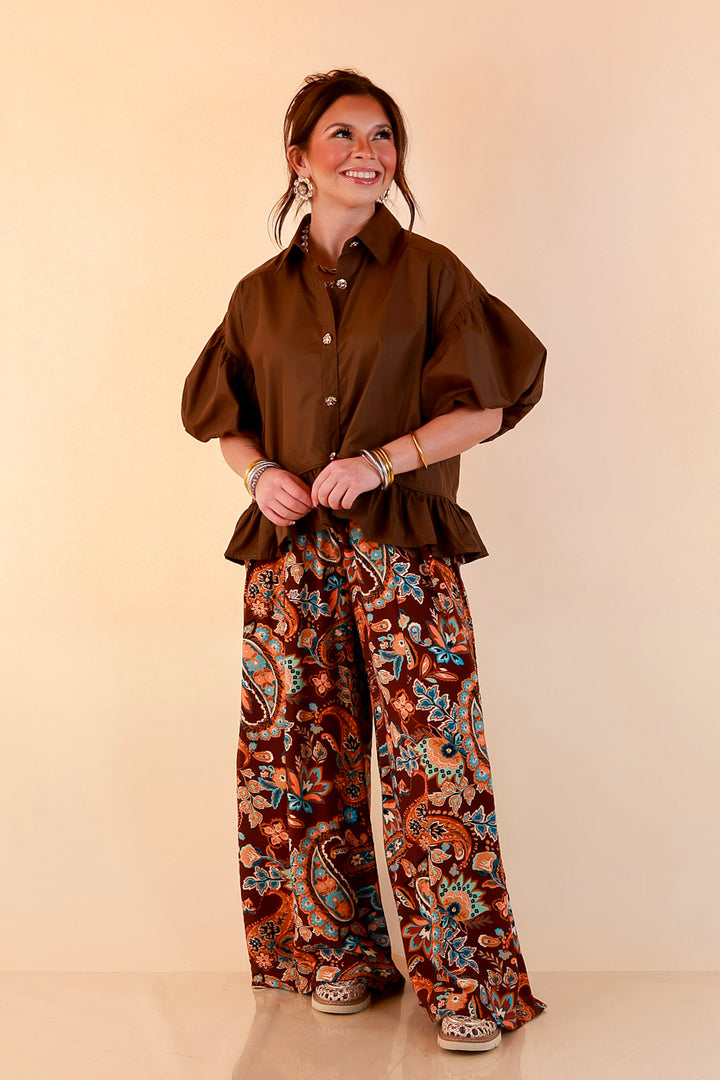 Free to Be Paisley Print Wide Leg Elastic Waist Pants in Chocolate Brown