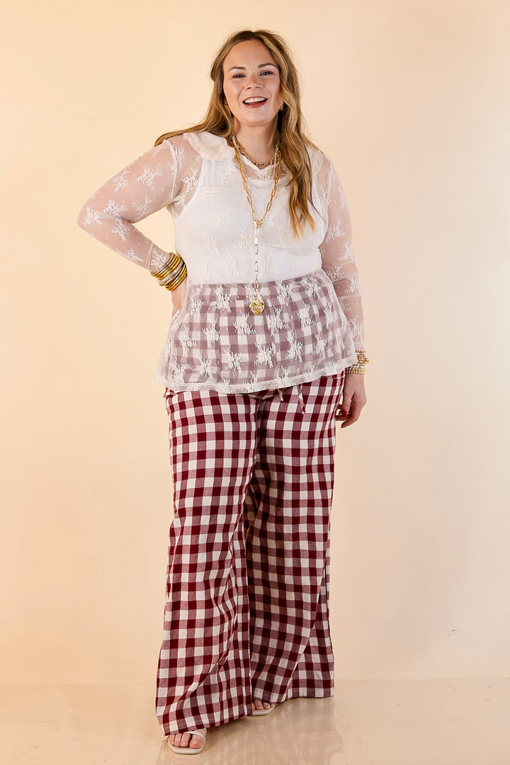 Pairs Well with Others Gingham Print Drawstring Pants with Elastic Waistband in Ivory and Maroon
