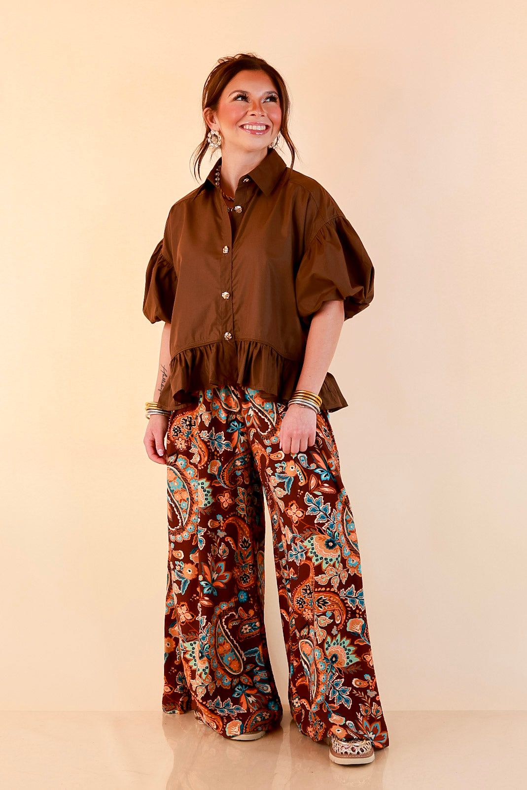 Style in Session Solid Button Down Peplum Bubble Sleeve Top in Chocolate Brown