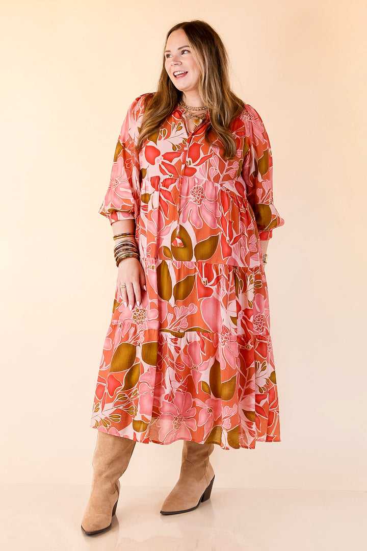 Budding Beauty Floral Print Midi Dress in Pink and Olive Green Mix