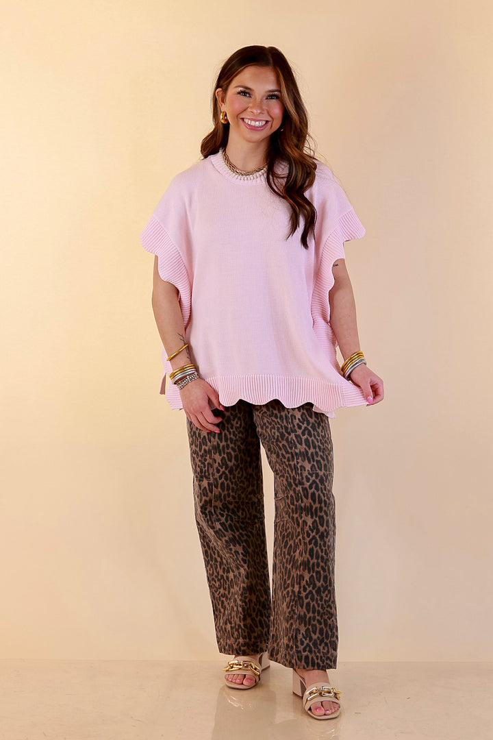 Mud Pie | Sweet Simplicity Scalloped Edge Side Tie Knit One Sized Poncho Sweater in Pink