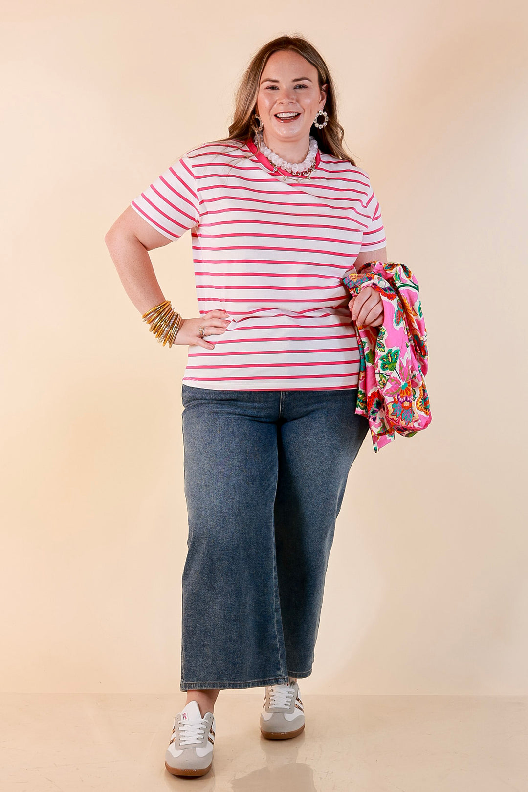 The Daily Stripe Scoop Neck Short Sleeve Striped Tee Top in Hot Pink