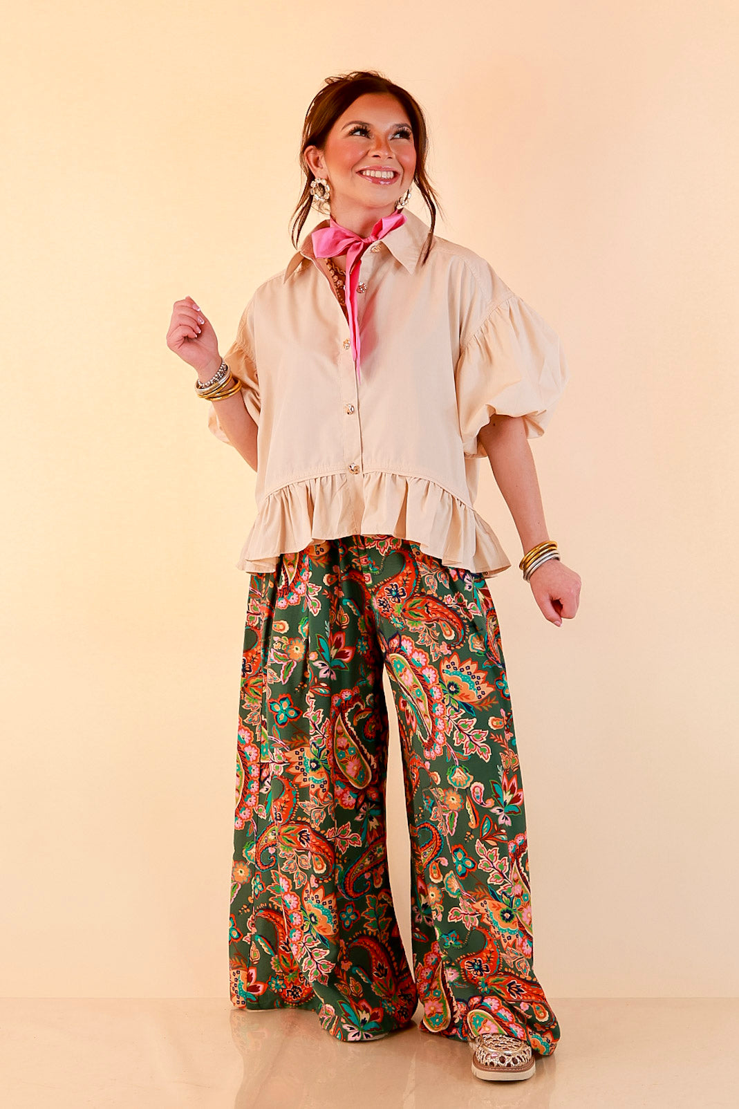 Style in Session Solid Button Down Peplum Bubble Sleeve Top in Ivory