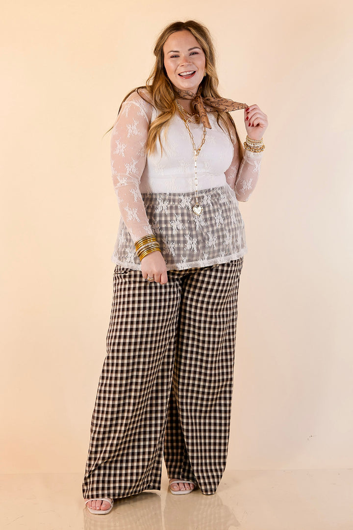 Pairs Well with Others Plaid Checkered Print Drawstring Pants with Elastic Waistband in Ivory