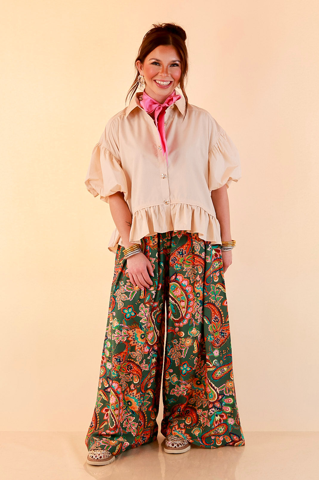 Free to Be Paisley Print Wide Leg Elastic Waist Pants in Olive Green