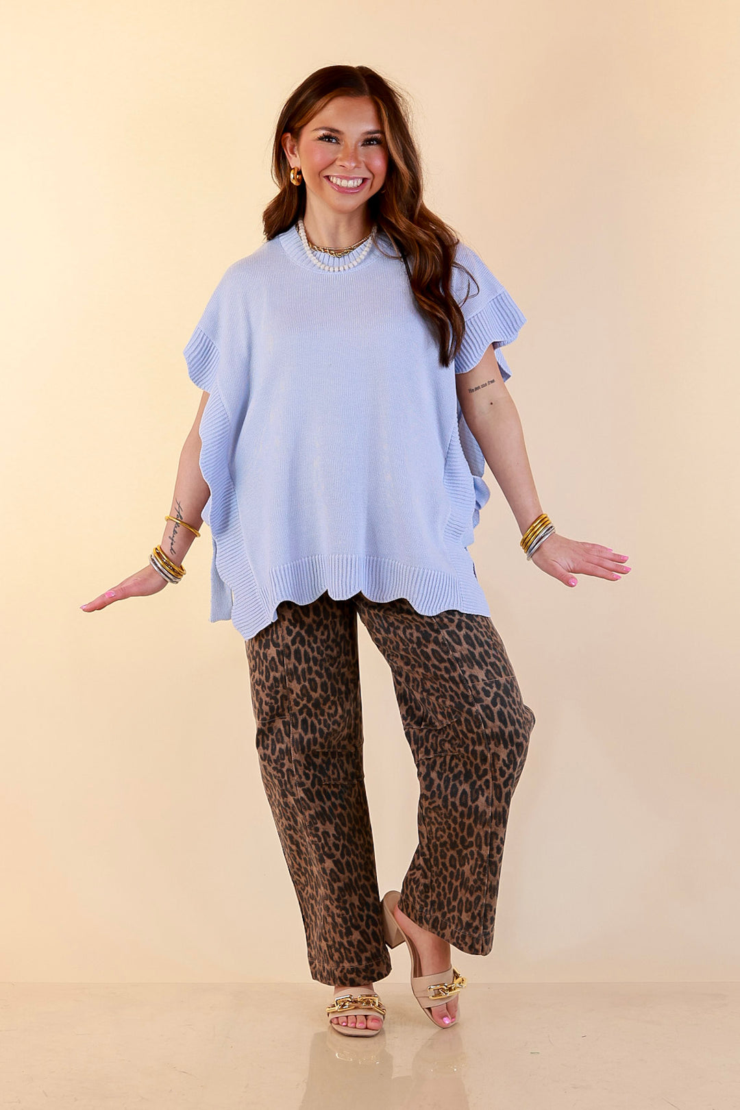 Mud Pie | Sweet Simplicity Scalloped Edge Side Tie Knit One Sized Poncho Sweater in Blue