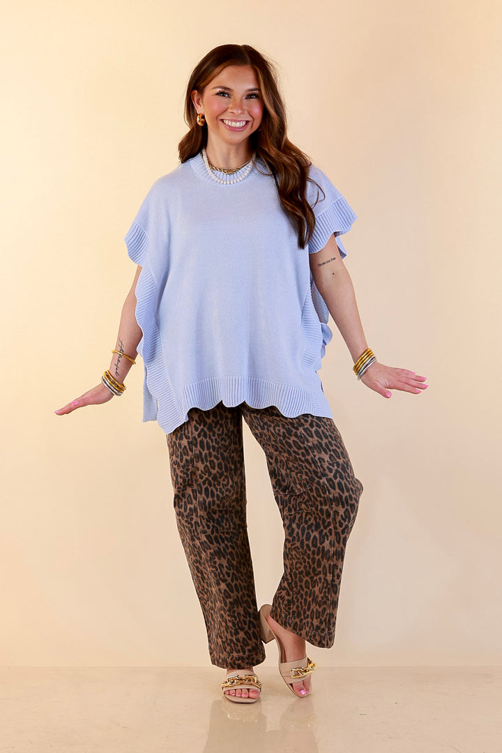 Mud Pie | Sweet Simplicity Scalloped Edge Side Tie Knit One Sized Poncho Sweater in Blue