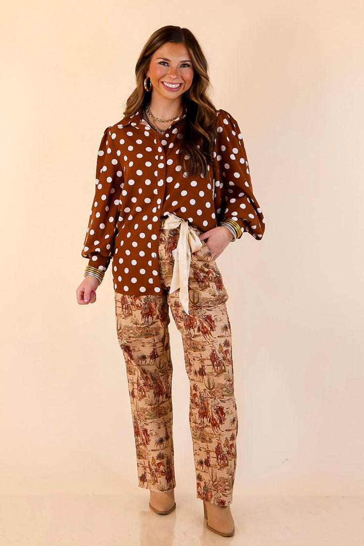 Better Together Polka Dot Button Up Collared Top with Poofy Sleeves in Brown