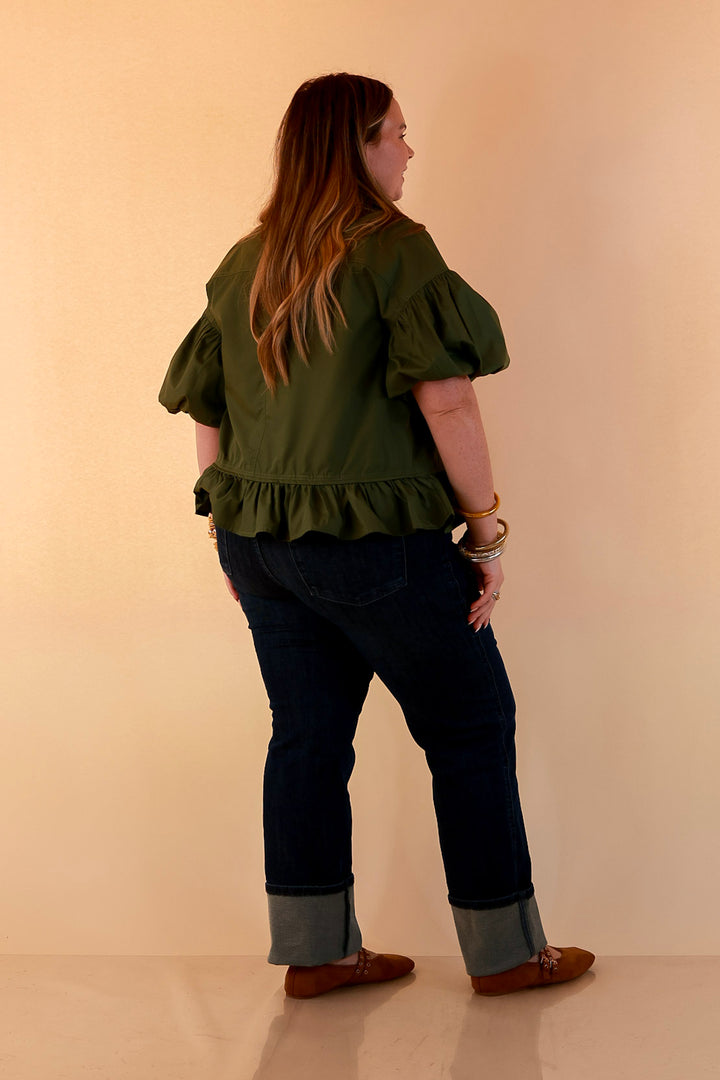 Style in Session Solid Button Down Peplum Bubble Sleeve Top in Olive Green