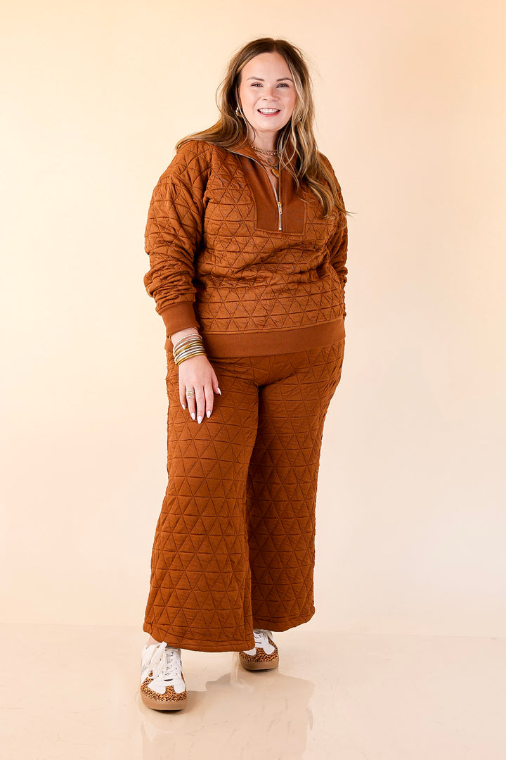 Everyday Elevated Quilted Wide Leg Drawstring Pants with Elastic Waistband in Rust Brown