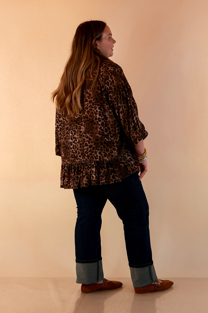 Quite the Impression Collared Button Front Leopard Print Peplum Top in Brown Multi