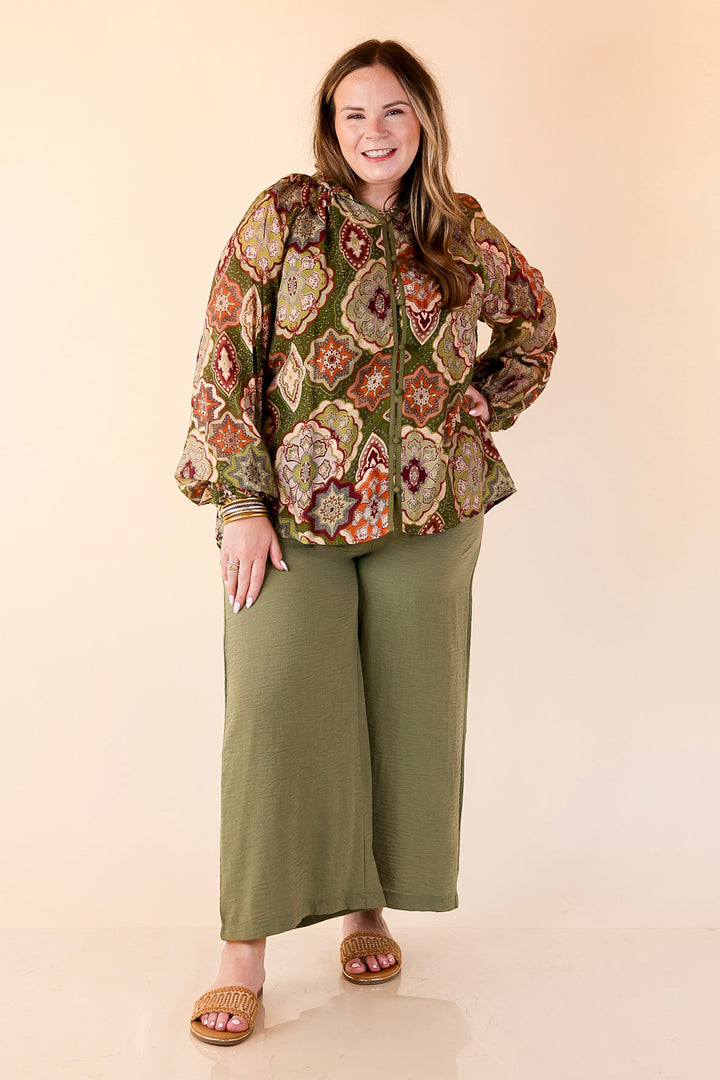 Mosaic Muse Boho Mosaic Print Long Balloon Sleeve Blouse in Olive Green, Maroon and Rust Orange
