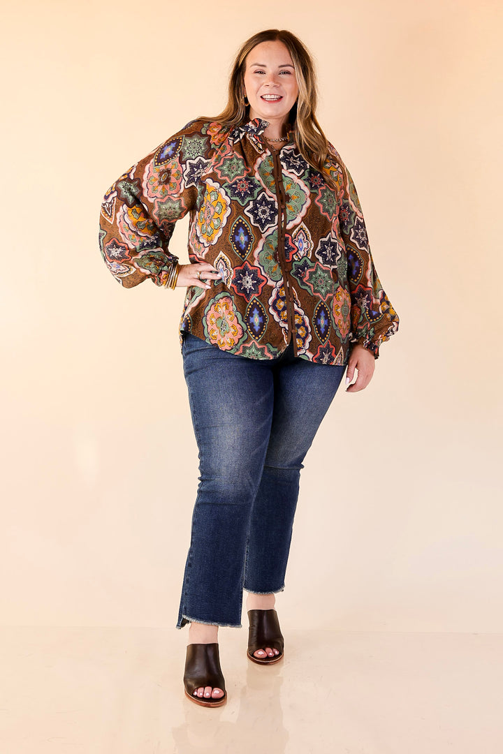 Mosaic Muse Boho Mosaic Print Long Balloon Sleeve Blouse in Brown, Pink, Navy and Cream