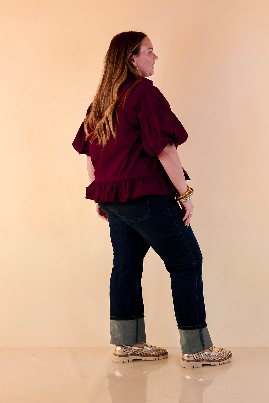 Style in Session Solid Button Down Peplum Bubble Sleeve Top in Maroon