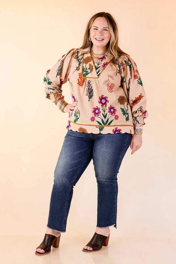 Garden Soirée Floral Print Collared Blouse with Long Balloon Sleeves in Tan